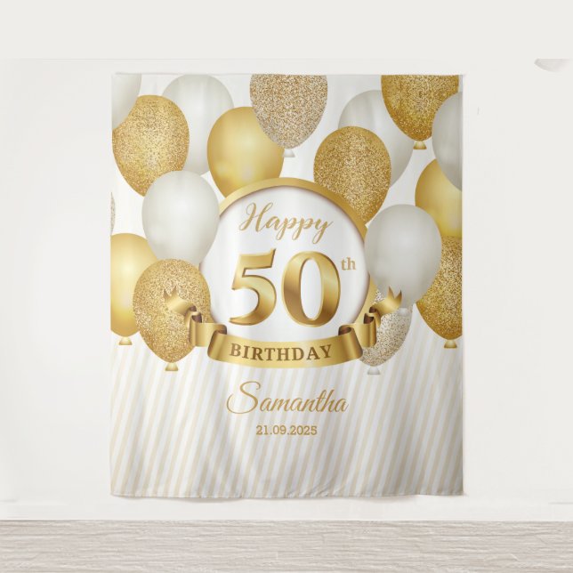 GOld and white balloons 50th birthday backdrop Tapestry (Front)