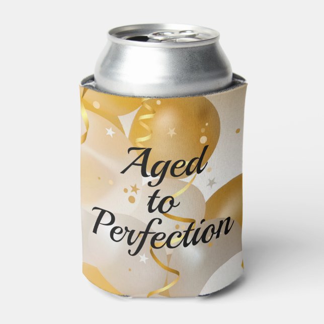 Gold and White Balloons Aged to Perfection Can Cooler (Can Front)