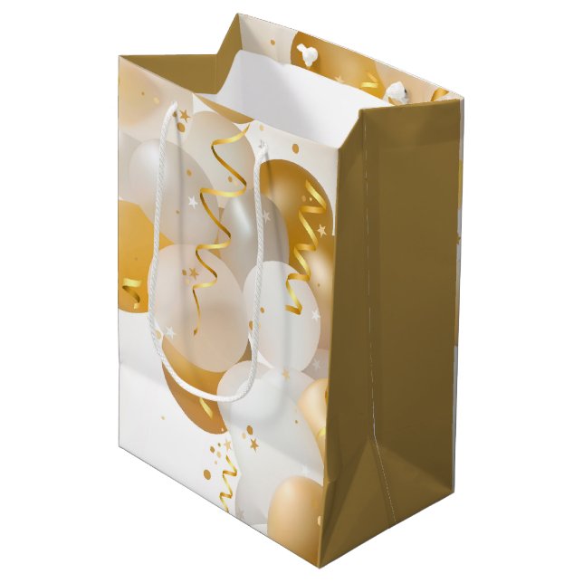 Gold and White Balloons Medium Gift Bag (Front Angled)