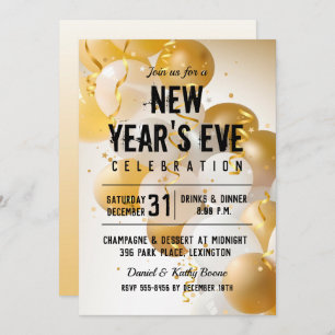 Gold and White Balloons New Year's Eve Invitations