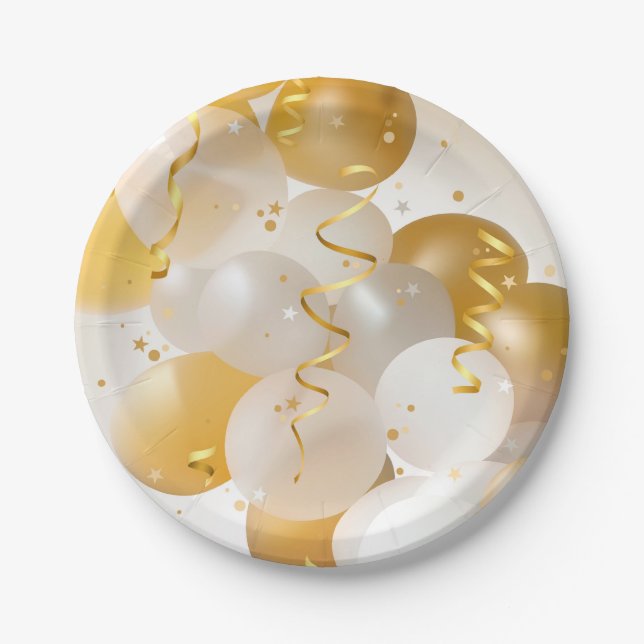 Gold and White Balloons Party Paper Plate (Front)