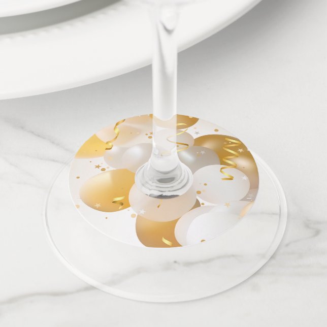 Gold and White Balloons Party Wine Glass Tag (Close Up)