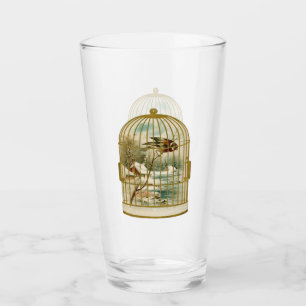 Gold and White Bird Cage With Bird Cabin in Snow Glass