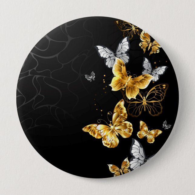 Gold and white butterflies 10 cm round badge (Front)