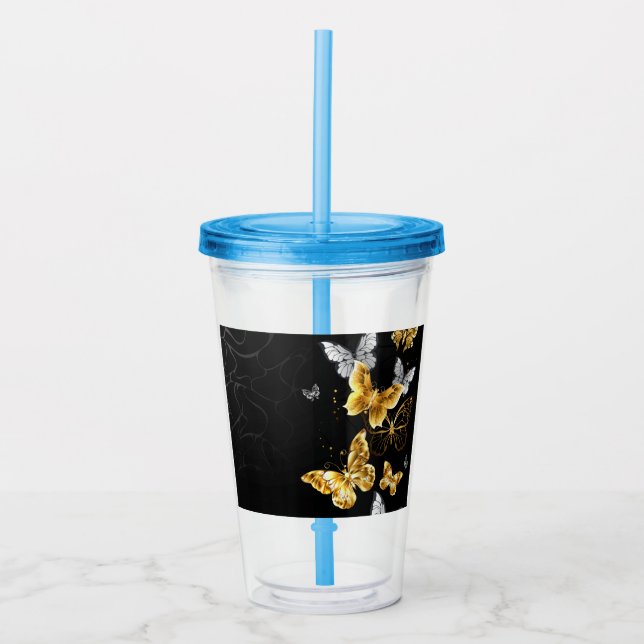 Gold and white butterflies acrylic tumbler (Front)
