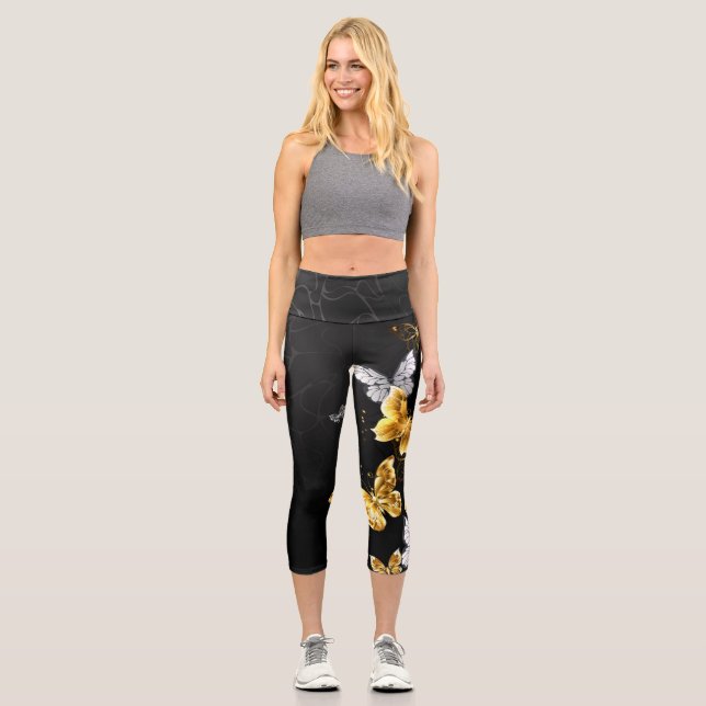 Gold and white butterflies capri leggings (Front)