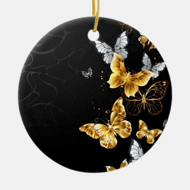 Gold and white butterflies ceramic tree decoration (Front)