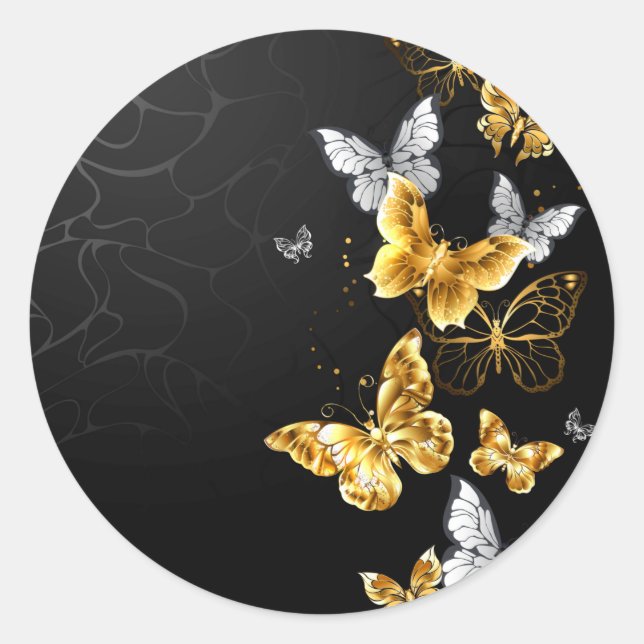 Gold and white butterflies classic round sticker (Front)