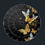 Gold and white butterflies dartboard<br><div class="desc">Gold, jewellery and white butterflies on black background. Golden butterfly.</div>