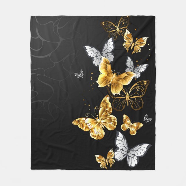 Gold and white butterflies fleece blanket (Front)
