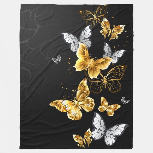 Gold and white butterflies fleece blanket (Front)