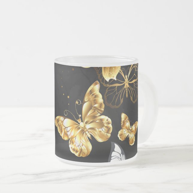 Gold and white butterflies frosted glass coffee mug (Front Right)