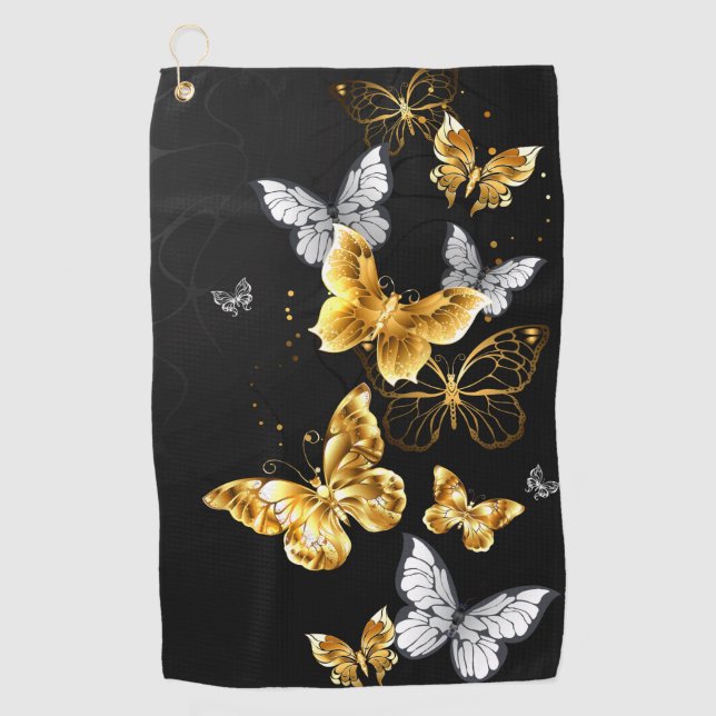 Gold and white butterflies golf towel (Front)