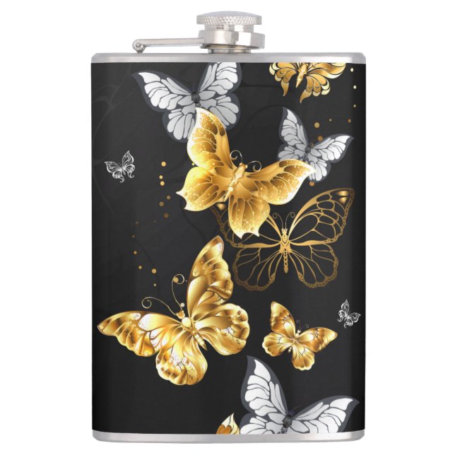 Gold and white butterflies hip flask (Front)