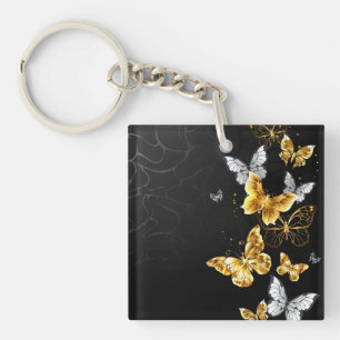 Gold and white butterflies key ring