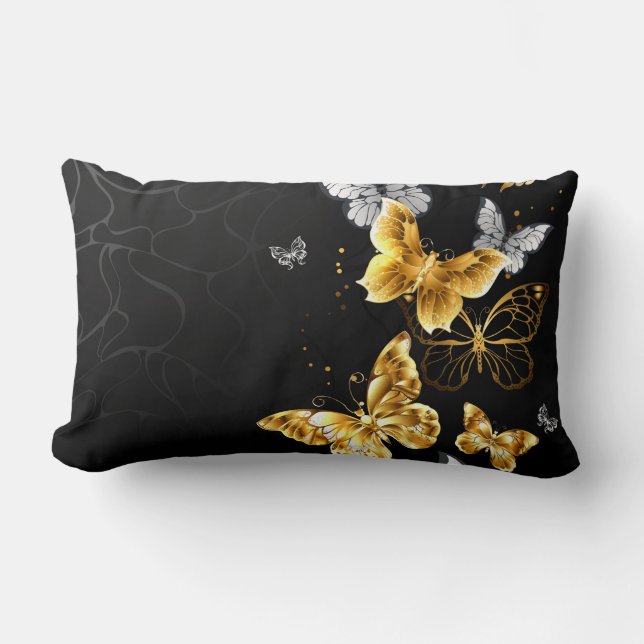 Gold and white butterflies lumbar cushion (Front)