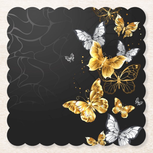 Gold and white butterflies paper coaster (Front)