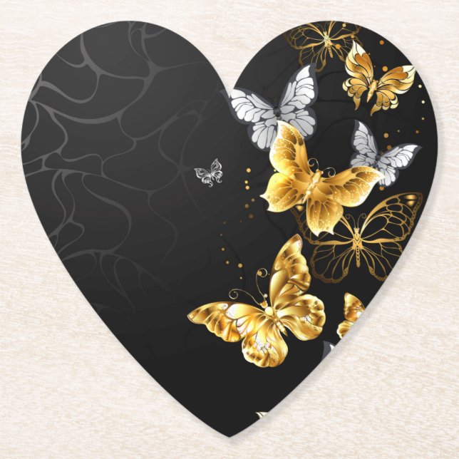 Gold and white butterflies paper coaster (Front)