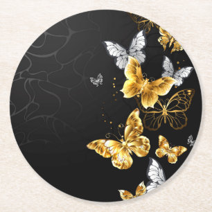 Gold and white butterflies round paper coaster