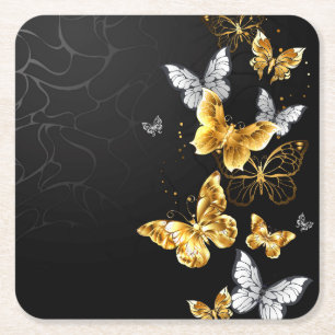Gold and white butterflies square paper coaster