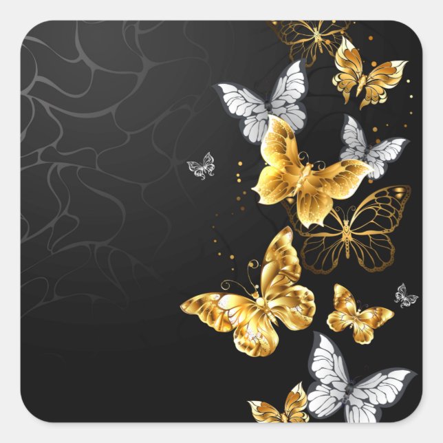 Gold and white butterflies square sticker (Front)