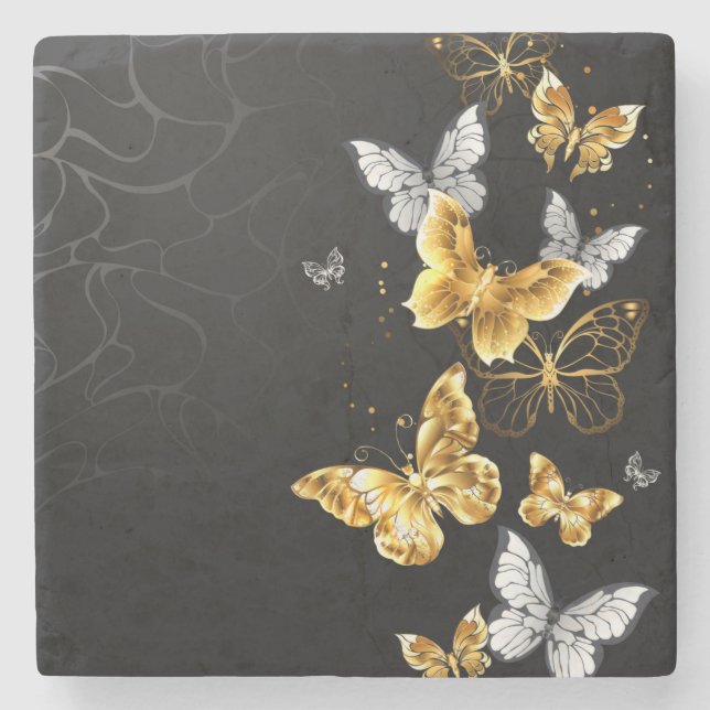 Gold and white butterflies stone coaster (Front)