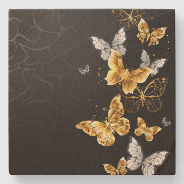 Gold and white butterflies stone coaster (Front)