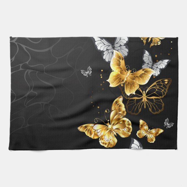 Gold and white butterflies tea towel (Horizontal)