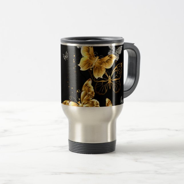 Gold and white butterflies travel mug (Front Right)