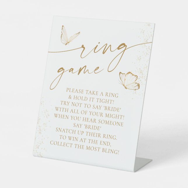 Gold And White Butterfly Bridal Shower Ring Game Pedestal Sign (Front)