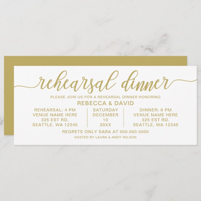 gold and white Calligraphy Rehearsal Dinner Invitation (Front/Back)