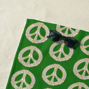 Gold and White Celtic Peace Sign Pattern    Beach Towel
