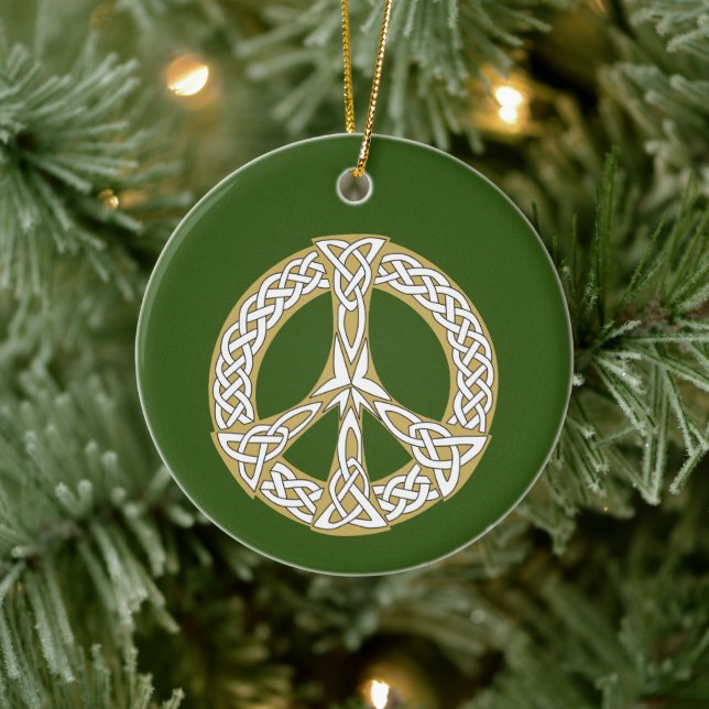 Gold and White Celtic Peace Sign  Personalised Ceramic Tree Decoration (Tree)