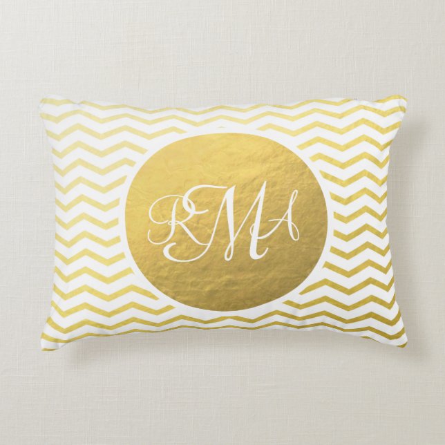 Gold and White Chevron Monogrammed Personalised Decorative Cushion (Front)