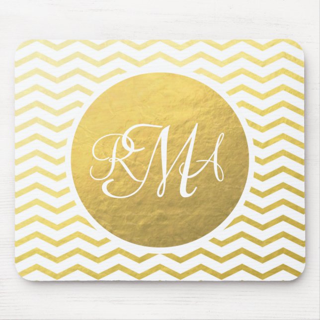 Gold and White Chevron Monogrammed Personalised Mouse Mat (Front)