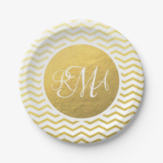 Gold and White Chevron Monogrammed Personalised Paper Plate