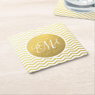 Gold and White Chevron Monogrammed Personalised Square Paper Coaster