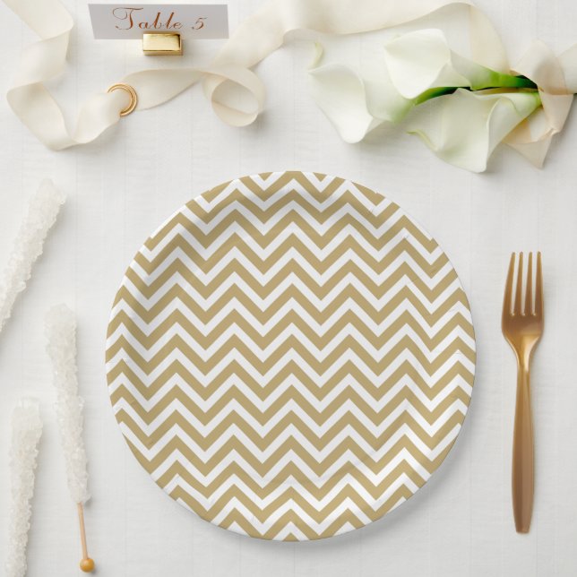 Gold and White Chevron Paper Plate (Wedding)