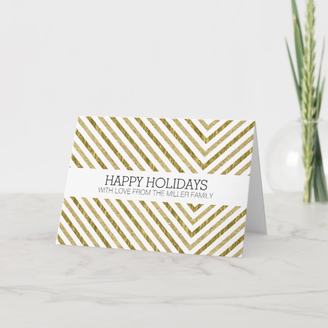 Gold and White Chic Chevron Christmas Holiday Card (Front)