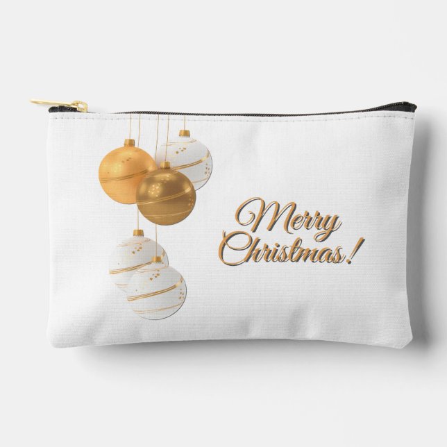 Gold and White Christmas Balls Custom Text Accessory Pouch (Front)