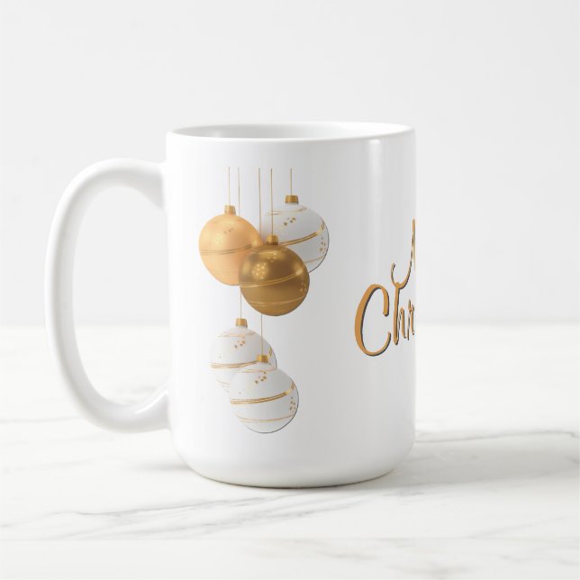 Gold and White Christmas Balls Custom Text Coffee Mug (Left)