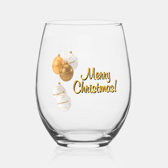 Gold and White Christmas Balls Custom Text Stemless Wine Glass (Front)
