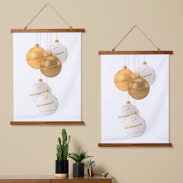 Gold and White Christmas Balls Design Hanging Tapestry (Asymmetrical)