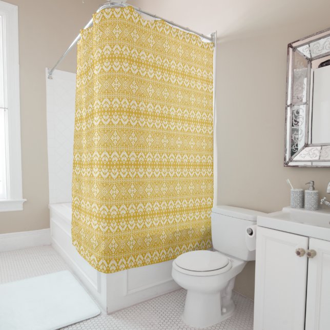Gold and White Christmas Fair Isle Pattern Shower Curtain (In Situ)