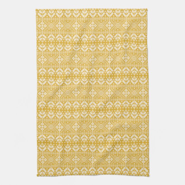 Gold and White Christmas Fair Isle Pattern Tea Towel (Vertical)