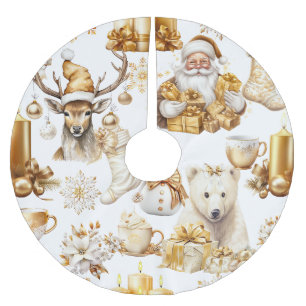 Gold and White Christmas Symbols Brushed Polyester Tree Skirt