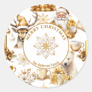 Gold and White Christmas Symbols Classic Round Sticker