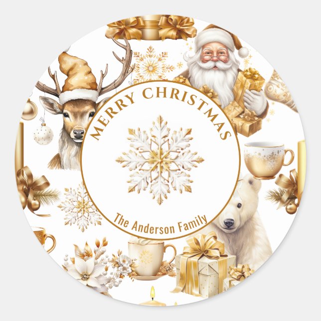 Gold and White Christmas Symbols Classic Round Sticker (Front)