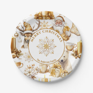 Gold and White Christmas Symbols Paper Plate