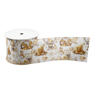 Gold and White Christmas Symbols Satin Ribbon